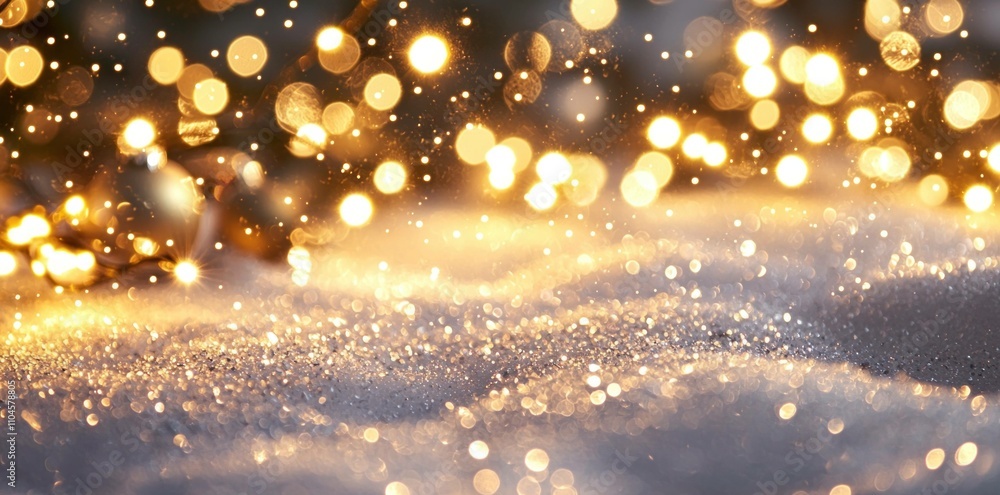 Poster sparkling golden bokeh lights shimmering on a snowy background, creating a festive and magical atmos