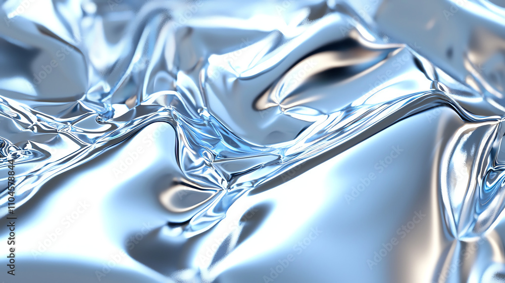Poster reflective texture showcasing bright silver surface with intricate folds and curves under soft light
