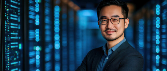 Confident IT Professional in a Data Center Surrounded by Server Racks