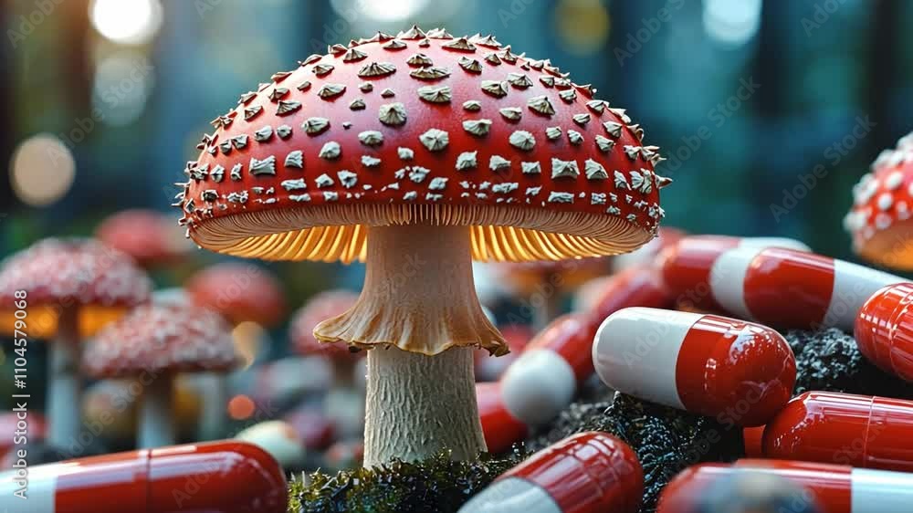Poster mushroom with red cap surrounded by colorful capsules in a mystical forest setting at dusk