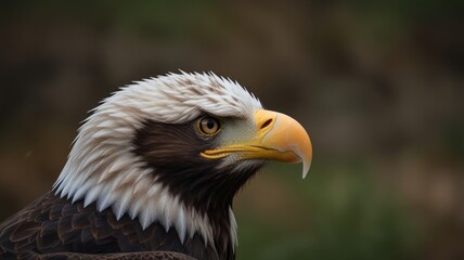 Obraz premium Close-up profile of a majestic bald eagle, its sharp gaze and vibrant plumage showcased against a blurred natural background.