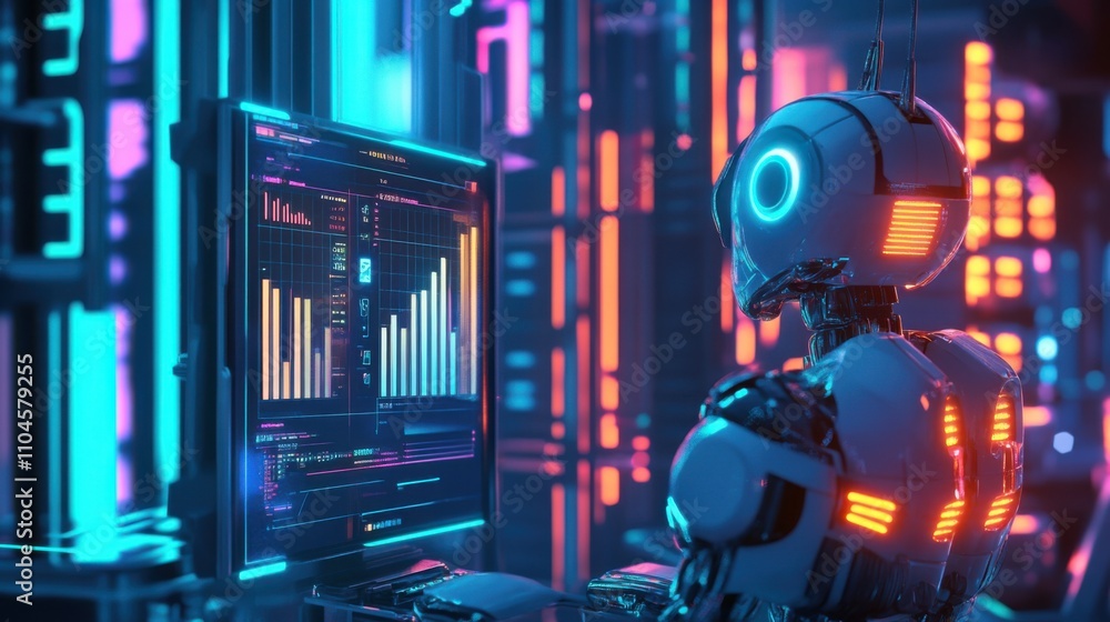 Poster futuristic robot analyzing data in neon-lit digital environment
