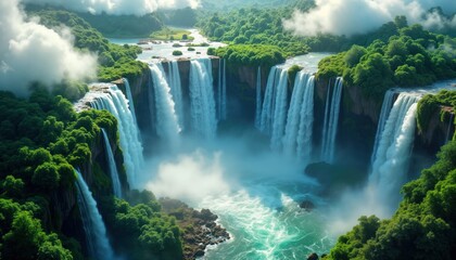 Fototapeta premium Majestic waterfall cascades in greenery, clouds. Aerial view powerful water plunging into tranquil pool. Natural wonder. Eco tourism destination. Travel inspiration. Adventure. Nature beauty.