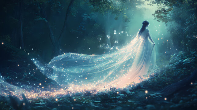 A fantasy-inspired ootd with a flowing, ethereal gown made of light and stars, set in a mystical forest. Mystical. Illustration