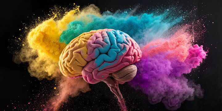 Colorful brain explosion with powder clouds on black background