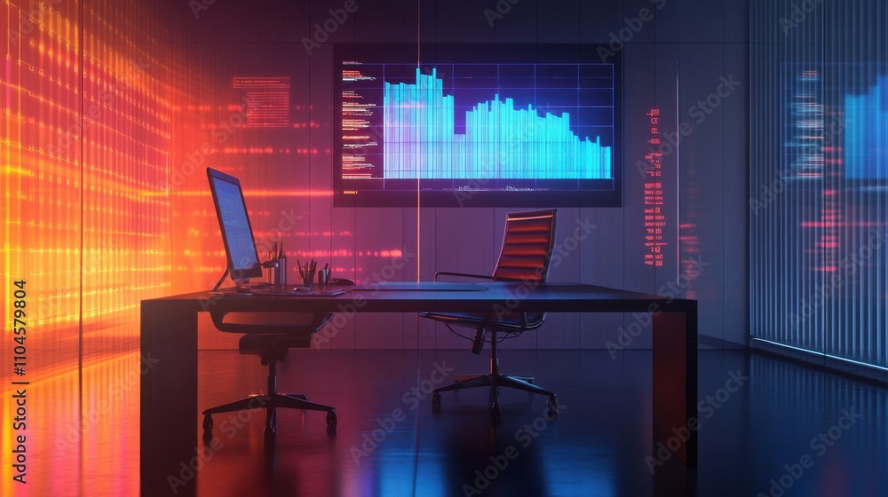 Poster modern office workspace with data visualization on screen