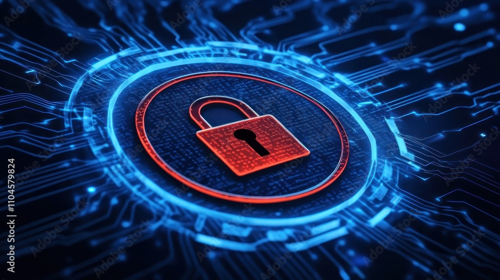 Poster a digital lock symbol surrounded by circuit patterns, representing cybersecurity.
