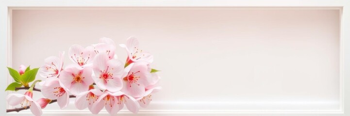 Fototapeta premium Cherry blossom flowers in soft pink hue displayed in a beautiful white frame with subtle texture and refined edges, refined edges, natural beauty