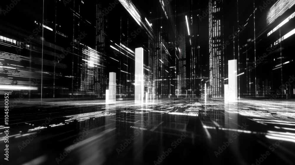 Poster futuristic digital cityscape with flowing data and light trails