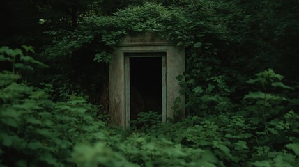 Overgrown mausoleum shrouded in lush vines for mysterious garden designs