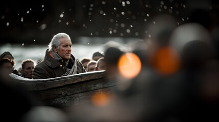 General George Washington leads troops across icy waters during the Revolutionary War at a pivotal moment in history