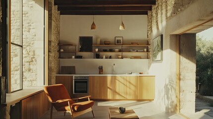 Modern Minimalist Kitchen with Natural Light and Rustic Elements