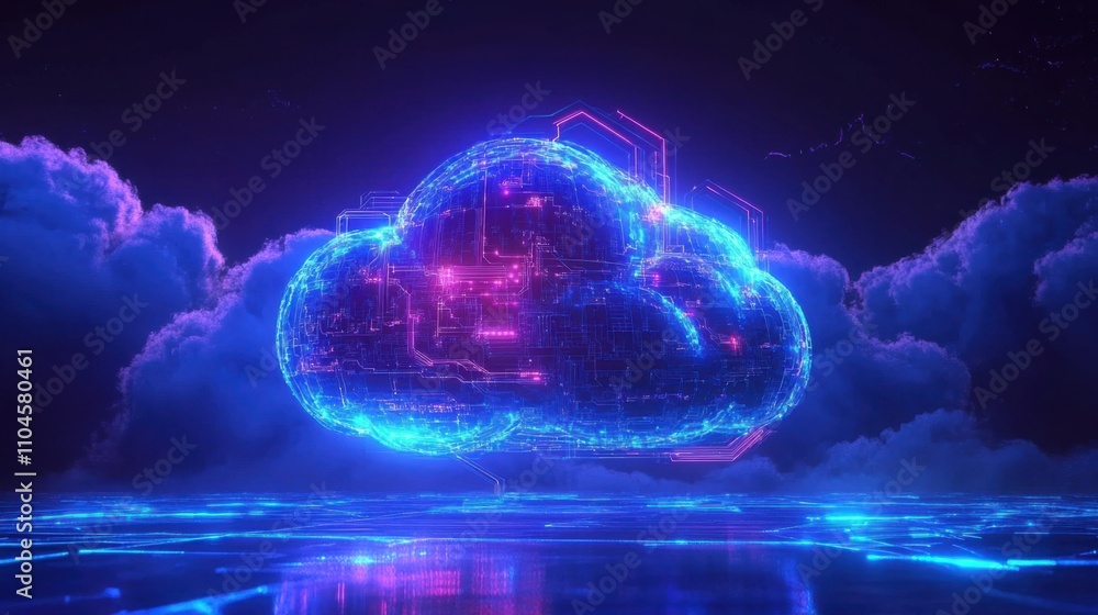 Poster futuristic digital cloud with neon lights and circuit patterns