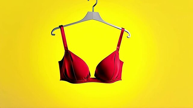 Blank mockup design of women's padded red bra hanging on a hanger, isolated against a yellow background for branding.