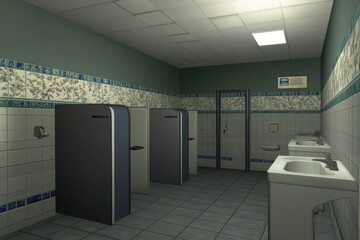 A clean restroom with stalls and sinks, designed for personal hygiene and comfort.