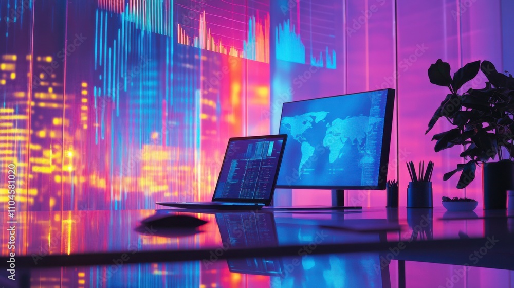Poster vibrant workspace with dual monitors and colorful data visualizations