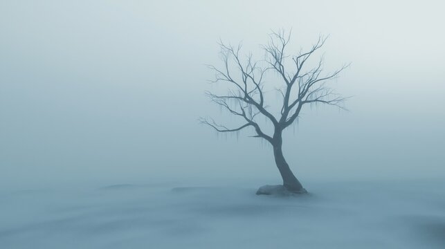 Solitary tree in misty frozen tundra landscape for winter serenity and calmness