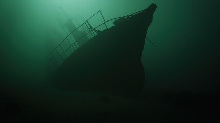 Sunken shipwreck in the depths of a dark ocean: mysterious underwater scene for nautical design