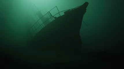 Naadloos Fotobehang Airtex Sunken shipwreck in the depths of a dark ocean: mysterious underwater scene for nautical design © Дмитрий Першин