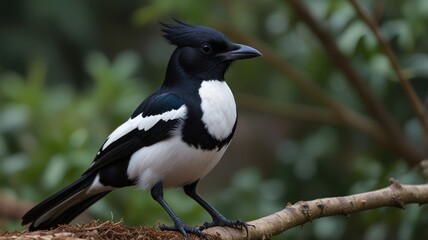 Obraz premium Black-and-white bird perched on branch.