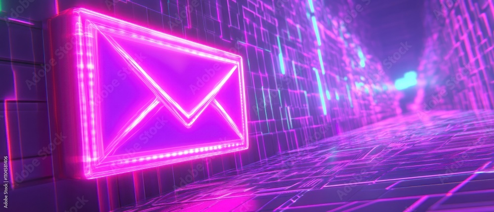 Poster neon-lit digital corridor featuring an illuminated envelope symbolizing communication