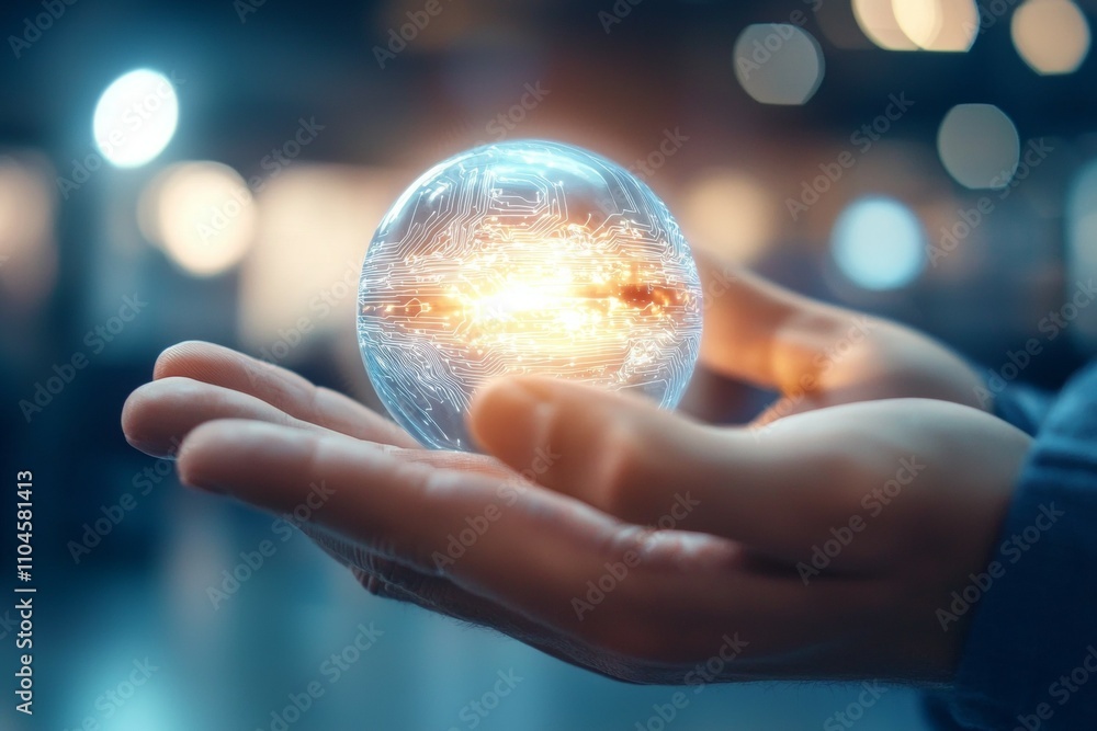 Poster hands holding futuristic glowing sphere with circuit patterns