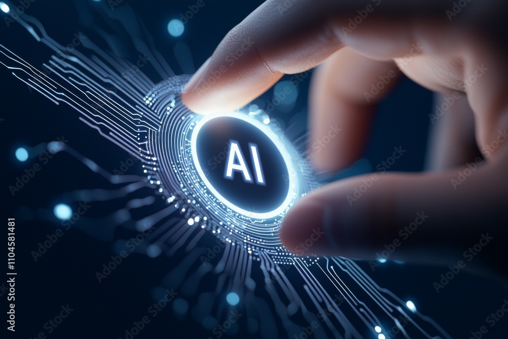 Poster futuristic concept of ai technology: human interaction with digital circuitry