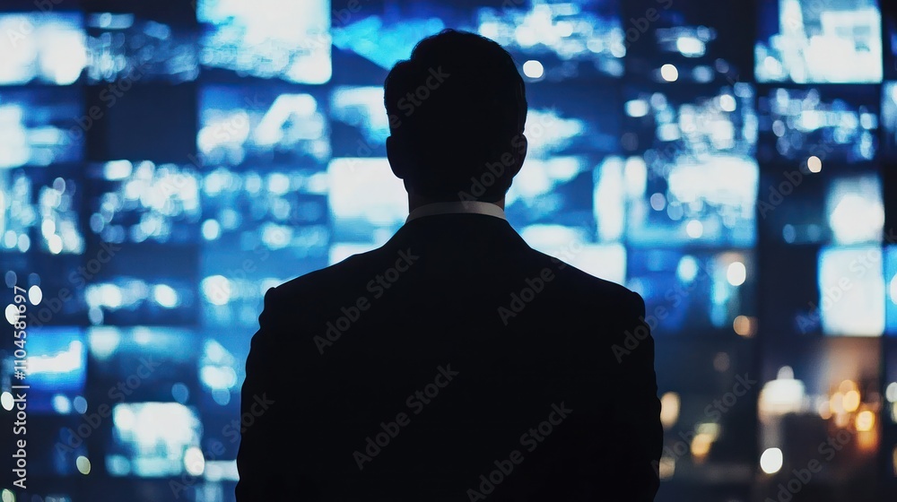 Poster silhouette of a person in a suit facing multiple screens displaying various images