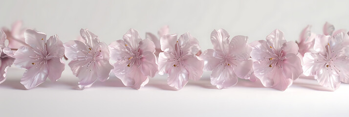 Delicate Row of Soft Pink Cherry Blossom Flowers on a Light Background, Capturing Nature's Beauty and Elegance in Springtime Blooms