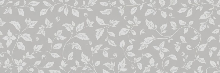 Gray floral seamless wallpaper background pattern design with intricate, elegant flower motifs and leafy vines, leafy, intricate