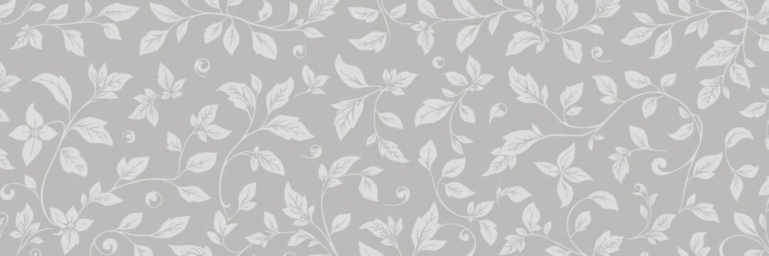 Gray floral seamless wallpaper background pattern design with intricate, elegant flower motifs and leafy vines, leafy, intricate