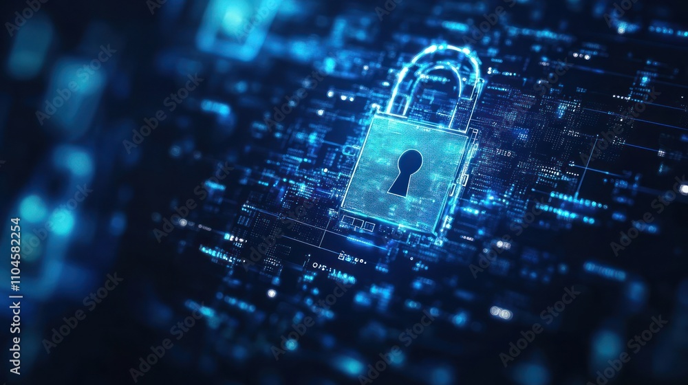 Poster digital padlock symbolizing cybersecurity and data protection in a tech-themed background