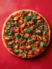 A Tandoori Chicken pizza with spicy chicken, red onions, and a flavorful tandoori sauce, perfect for a spicy pizza treat