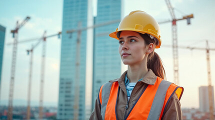 Thoughtful beautiful woman construction worker in a yellow hard hat and  vest works on an construction site with cranes. Portrait of a female architect - Bauarbeiterin, Architektin auf der Baustelle