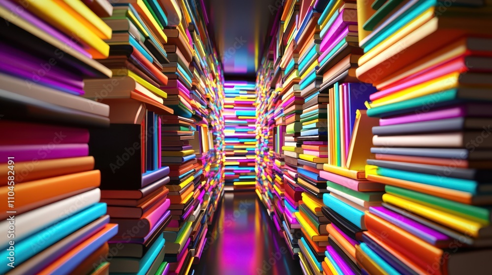 Poster vibrant corridor lined with colorful bookshelves, creating an inviting reading space