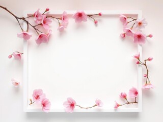 Soft pink cherry blossom flowers arranged in a delicate frame with white background and subtle sparkle, floral frame, elegant style