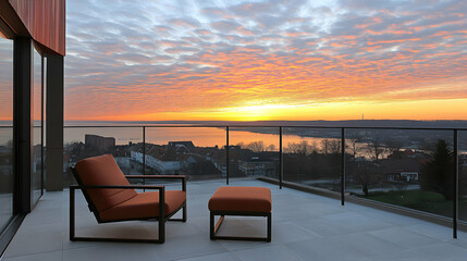 Fototapeta premium Sunset cityscape view from modern balcony with orange chair and ottoman