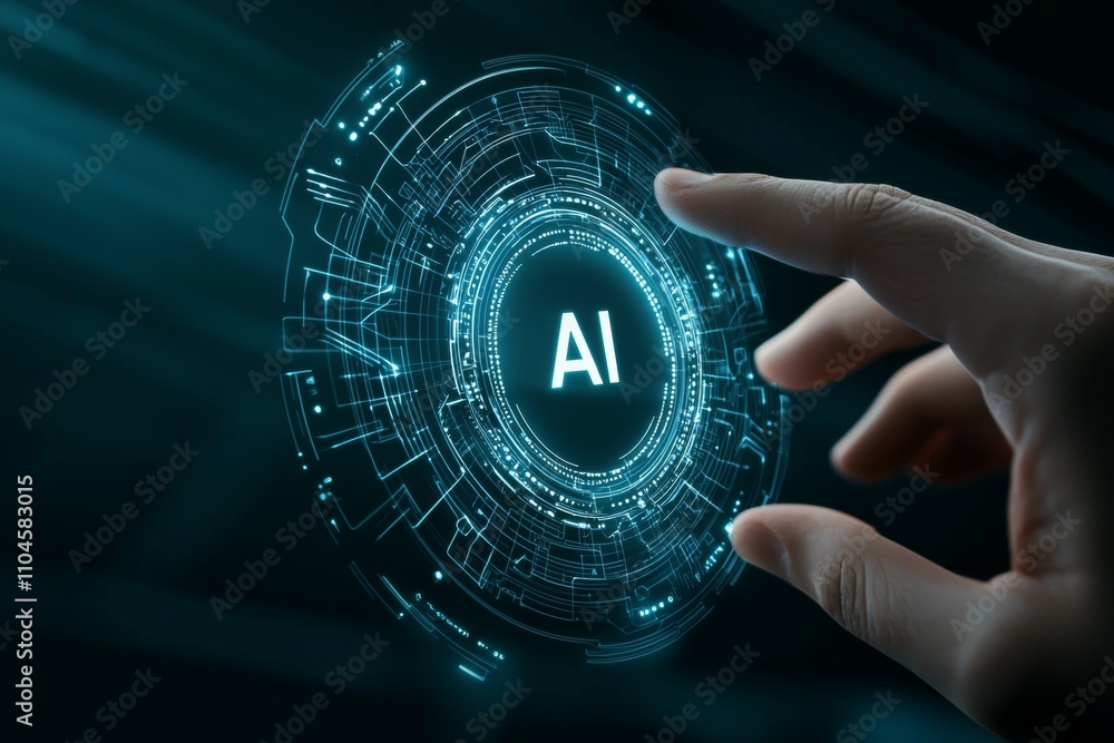 Poster futuristic interface with ai hologram and hand interaction