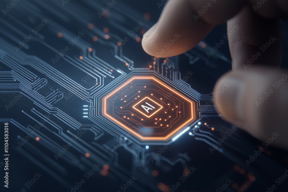 Poster futuristic ai circuitry with finger interaction on glowing microchip