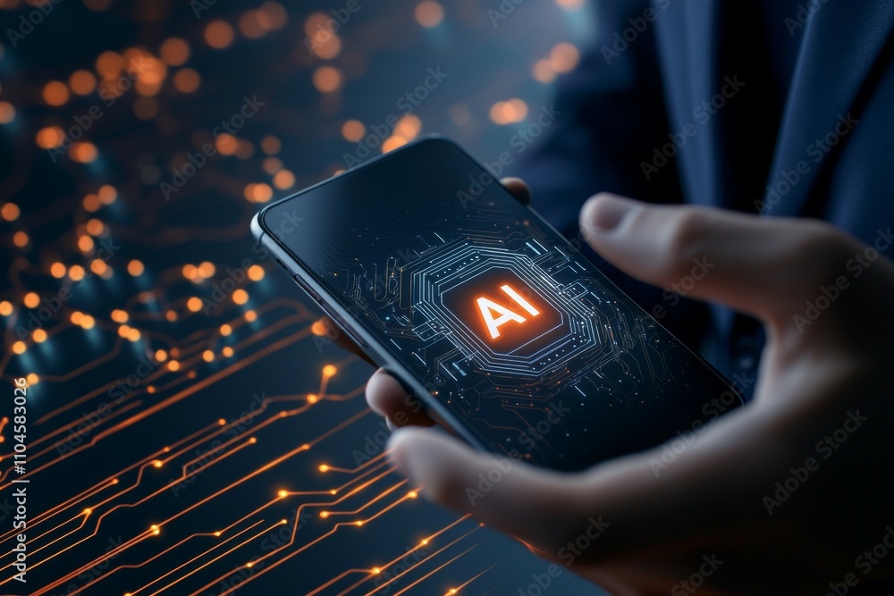 Aufkleber person holding smartphone with ai interface and circuit background