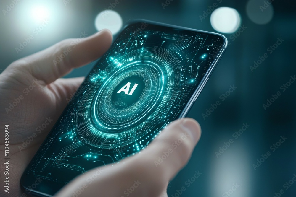 Poster close-up of digital ai interface on smartphone screen in hands