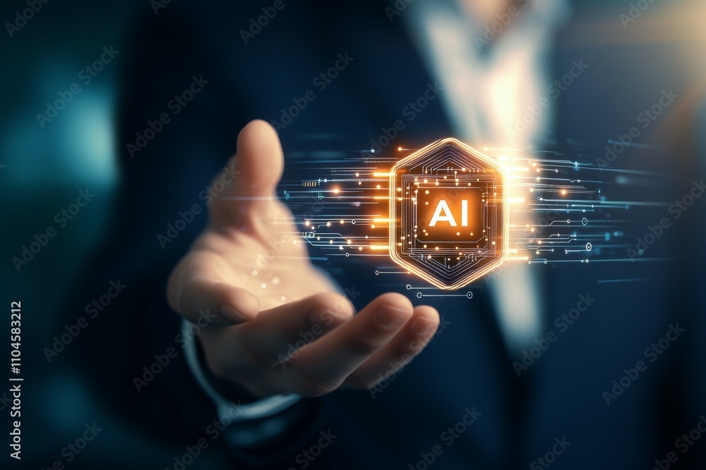 Poster ai technology: businessman showcasing advanced artificial intelligence interface