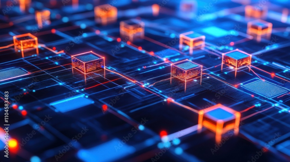 Poster abstract digital technology background with neon grid and squares