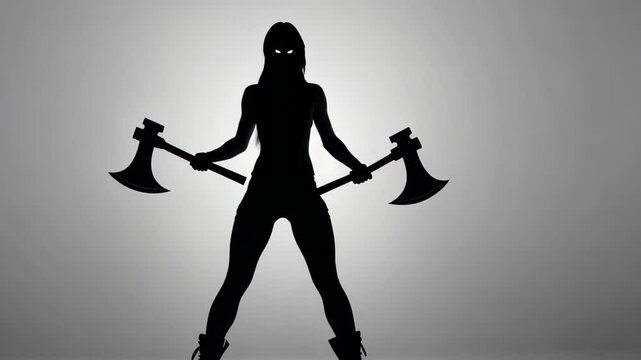 Fierce Scandinavian Viking girl with a muscular body and glowing eyes in D blob silhouette art.