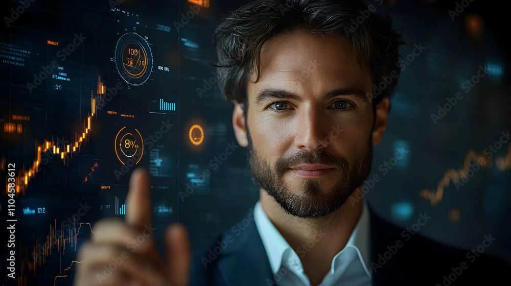 Aufkleber businessman interacting with futuristic data visualization interface, analyzing market trends and gr