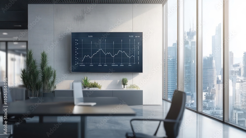 Poster modern office space featuring a graph display on a wall, emphasizing business data analysis.