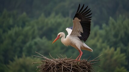 Fototapeta premium White stork preparing for flight on nest.