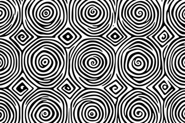 A pattern of swirling black and white circles and diamonds creating a visually engaging design.