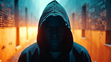 Dark figure in hood at night in misty city alley creates a chilling and ominous atmosphere.