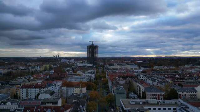 Berlin cloudy skyline over Shopping Street. Amazing aerial view flight drone